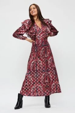 Dorothy Perkins Gold Foil Pink Tapestry Ruffle Front Midaxi Dress