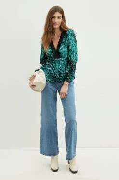 Dorothy Perkins Green Leopard Lace Trim Top