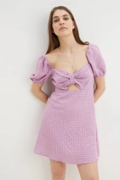 Dorothy Perkins Lilac Gingham Puff Sleeve Mini Dress