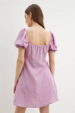 Dorothy Perkins Lilac Gingham Puff Sleeve Mini Dress -Perkinsdory Store bqq04365 lilac xl 2