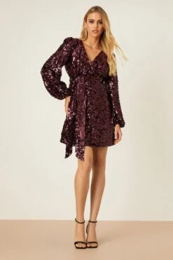 Dorothy Perkins Burgundy Sequin Wrap Mini Dress
