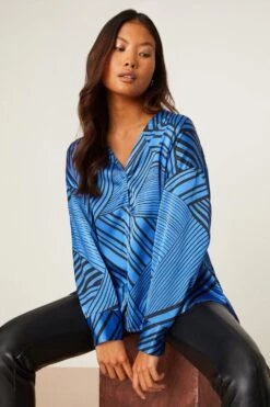 Dorothy Perkins Petite Blue Mixed Stripe Collarless Shirt