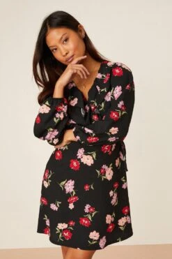 Dorothy Perkins Petite Large Floral Ruffle Wrap Mini Dress