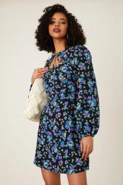 Dorothy Perkins Floral Tie Neck Long Sleeve Mini Dress