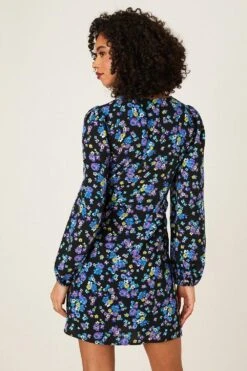 Dorothy Perkins Floral Tie Neck Long Sleeve Mini Dress -Perkinsdory Store bqq08715 black xl 2