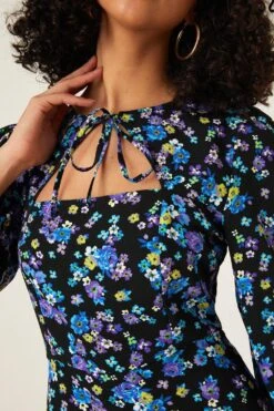 Dorothy Perkins Floral Tie Neck Long Sleeve Mini Dress -Perkinsdory Store bqq08715 black xl 3