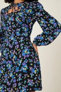 Dorothy Perkins Floral Tie Neck Long Sleeve Mini Dress -Perkinsdory Store bqq08715 black xl 4