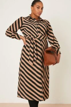 Dorothy Perkins Curve Camel Stripe Shirt Dress -Perkinsdory Store bqq08737 camel xl 4