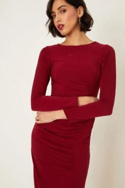 Dorothy Perkins Ruched Wine Long Sleeve Midi Dress -Perkinsdory Store bqq08805 wine xl 4