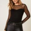 Dorothy Perkins Petite Mesh Yoke Sweetheart Long Sleeve Top