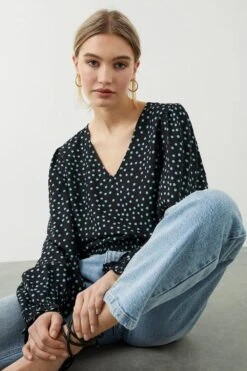 Dorothy Perkins Mint Spot Shirred Hem V Neck Blouse