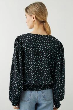 Dorothy Perkins Mint Spot Shirred Hem V Neck Blouse -Perkinsdory Store bqq09068 black xl 2