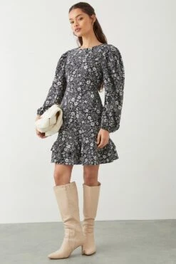 Dorothy Perkins Petite Black Paisley Ruffle Hem Mini Dress -Perkinsdory Store bqq09153 black xl 1