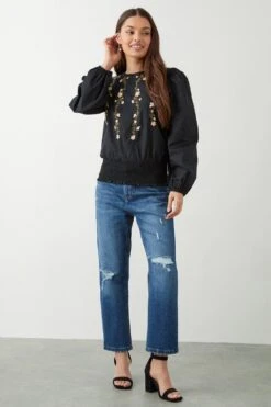 Dorothy Perkins Petite Embroidered Shirred Hem Blouse -Perkinsdory Store bqq09393 black xl 1