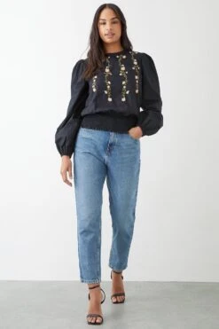 Dorothy Perkins Embroidered Shirred Hem Blouse -Perkinsdory Store bqq09394 black xl 1