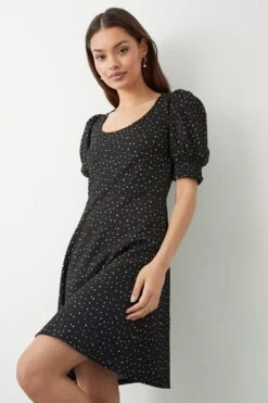 Dorothy Perkins Petite Mono Spot Shirred Cuff Mini Dress