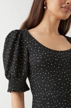 Dorothy Perkins Petite Mono Spot Shirred Cuff Mini Dress -Perkinsdory Store bqq09503 mono xl 3