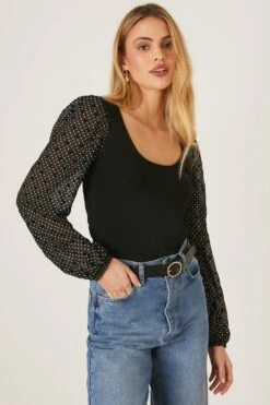 Dorothy Perkins Scoop Neck Woven Spot Flock Sleeve Top