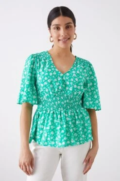 Dorothy Perkins Green Ditsy Shirred Waist Tea Blouse