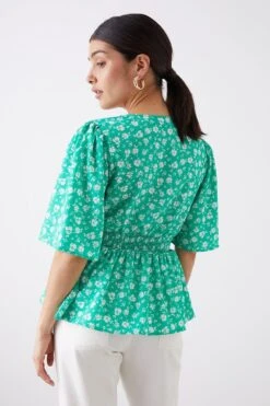 Dorothy Perkins Green Ditsy Shirred Waist Tea Blouse -Perkinsdory Store bqq09618 green xl 2