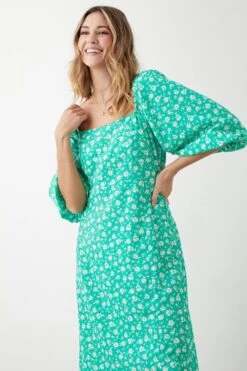 Dorothy Perkins Green Floral Square Neck Midi Dress