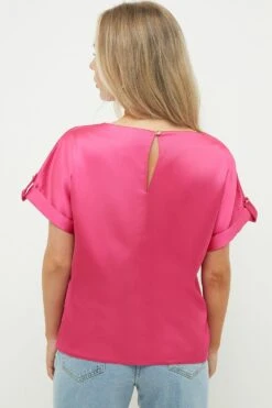 Dorothy Perkins Petite Pink Satin Roll Sleeve Blouse -Perkinsdory Store bqq09787 pink xl 2
