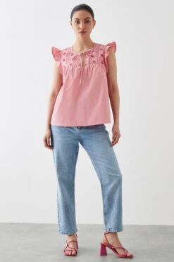 Dorothy Perkins Petite Pink Embroidered Poplin Shell Blouse