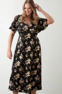 Dorothy Perkins Curve Mono Floral Angel Sleeve Midi Dress -Perkinsdory Store bqq09889 black xl 4