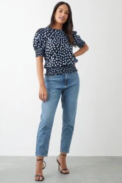 Dorothy Perkins Blue Spot Shirred Hem Blouse