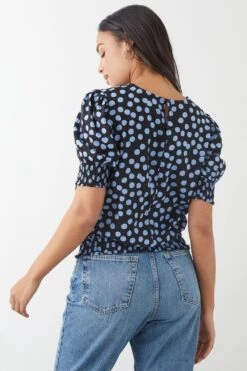 Dorothy Perkins Blue Spot Shirred Hem Blouse -Perkinsdory Store bqq09920 black xl 2