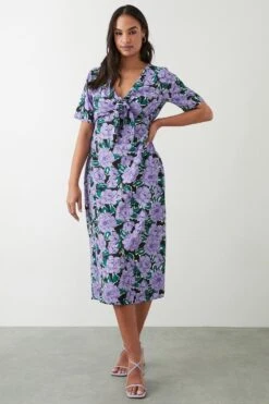 Dorothy Perkins Lilac Large Floral Tie Front Midi Dress -Perkinsdory Store bqq09958 lilac xl 1