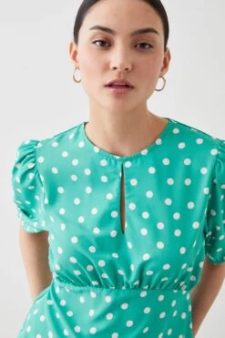 Dorothy Perkins Petite Green Spot Short Sleeve Keyhole Tea Blouse