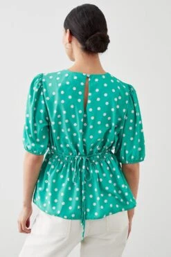 Dorothy Perkins Petite Green Spot Short Sleeve Keyhole Tea Blouse -Perkinsdory Store bqq09976 green xl 2