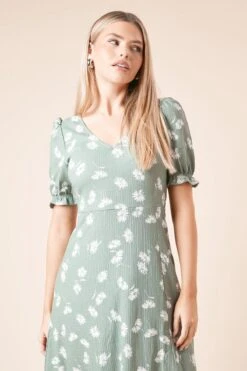 Dorothy Perkins Khaki Ditsy Print Short Sleeve Midi Dress -Perkinsdory Store bqq10006 khaki xl 1