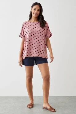 Dorothy Perkins Pink Spot Roll Sleeve Blouse