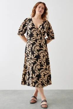 Dorothy Perkins Curve Black Tropical Wrap Midi Dress