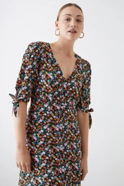Dorothy Perkins Tall Multi Ditsy Button Through Tie Sleeve Midi Dress