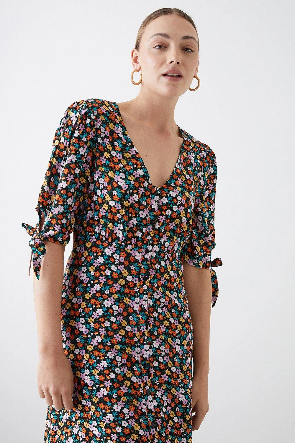 Dorothy Perkins Tall Multi Ditsy Button Through Tie Sleeve Midi Dress 1 Dorothy Perkins Tall Multi Ditsy Button Through Tie Sleeve Midi Dress