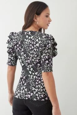 Dorothy Perkins Black Ditsy Frill Shoulder Top -Perkinsdory Store bqq10309 black xl 2
