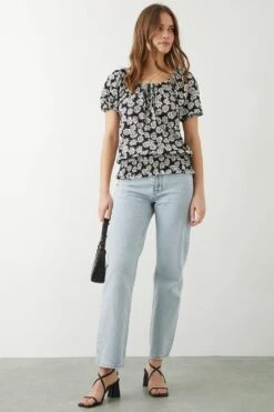 Dorothy Perkins Black Ditsy Shirred Hem Tie Detail Top -Perkinsdory Store bqq10317 black xl 1