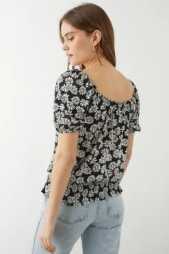 Dorothy Perkins Black Ditsy Shirred Hem Tie Detail Top -Perkinsdory Store bqq10317 black xl 2