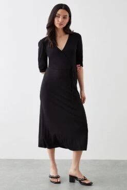 Dorothy Perkins Petite Black Ruched Sleeve Wrap Midi Dress -Perkinsdory Store bqq10358 black xl 1