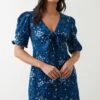 Dorothy Perkins Blue Printed Tie Front Button Through Mini Dress