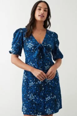 Dorothy Perkins Blue Printed Tie Front Button Through Mini Dress
