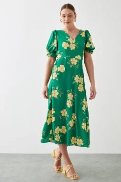 Dorothy Perkins Tall Green Floral Print V Neck Puff Sleeve Midi Dress
