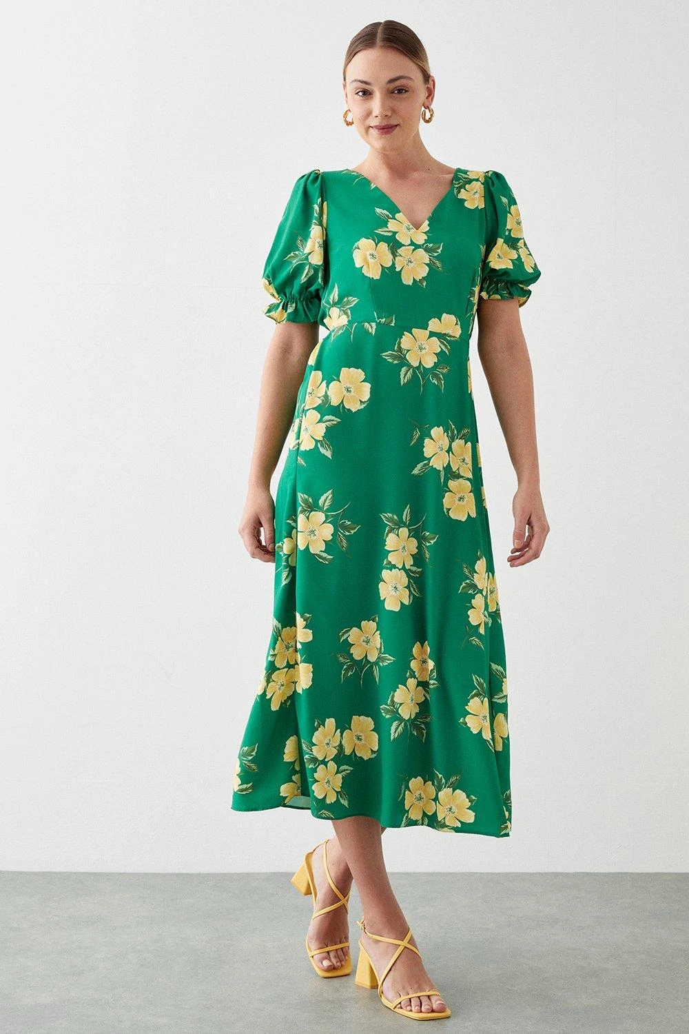 Dorothy Perkins Tall Green Floral Print V Neck Puff Sleeve Midi Dress 1 Dorothy Perkins Tall Green Floral Print V Neck Puff Sleeve Midi Dress