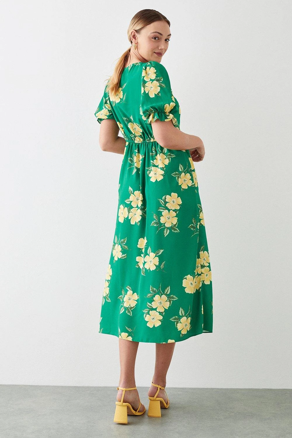Dorothy Perkins Tall Green Floral Print V Neck Puff Sleeve Midi Dress 3 Dorothy Perkins Tall Green Floral Print V Neck Puff Sleeve Midi Dress - Image 3