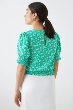 Dorothy Perkins Green Ditsy Shirred Hem Top -Perkinsdory Store bqq10402 green xl 2