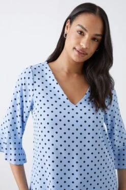 Dorothy Perkins Blue Spot Frill Sleeve V Neck Blouse -Perkinsdory Store bqq10435 blue xl 1