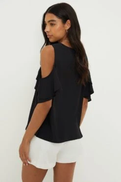Dorothy Perkins Black Cold Shoulder V Neck Blouse -Perkinsdory Store bqq10438 black xl 2
